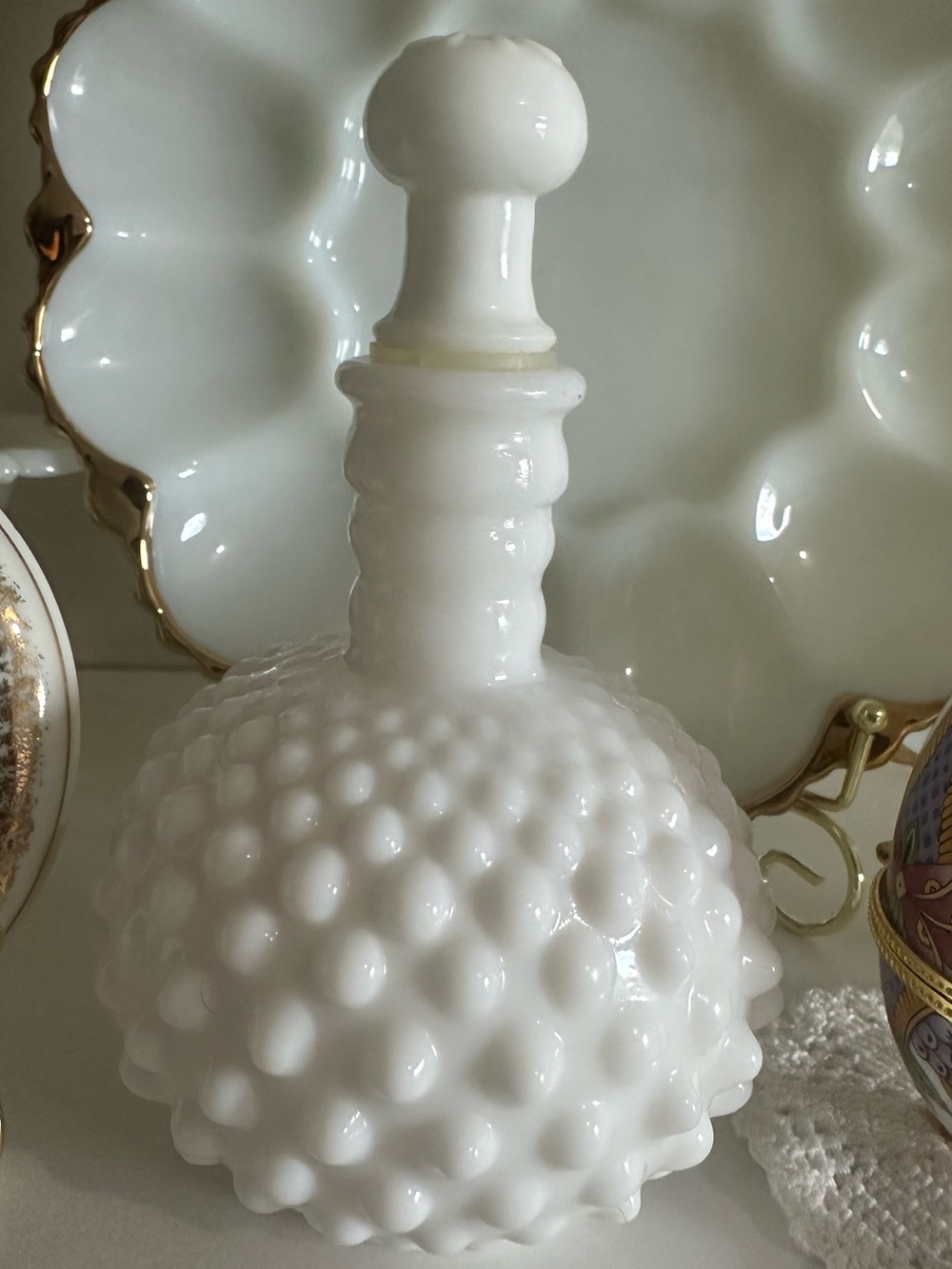 Vintage Hobnail Milk Glass Perfume Bottle w Stopper 7” Vanity Décor